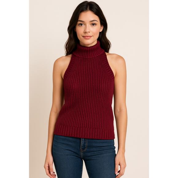 Cecico Maroon Knit Sleeveless Turtleneck Sweater Vest Size Small Acrylic Fall - Picture 1 of 6